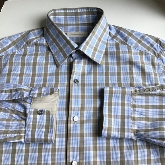 Erminegildo Zegna  Pale blue & green checks cotton shirt Sz L made in Italy 🇮🇹 - Picture 1 of 11